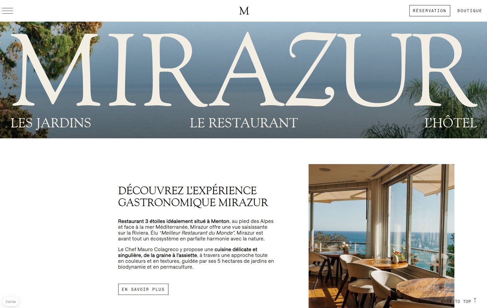 Page d'accueil du site du restaurant Mirazur à Menton