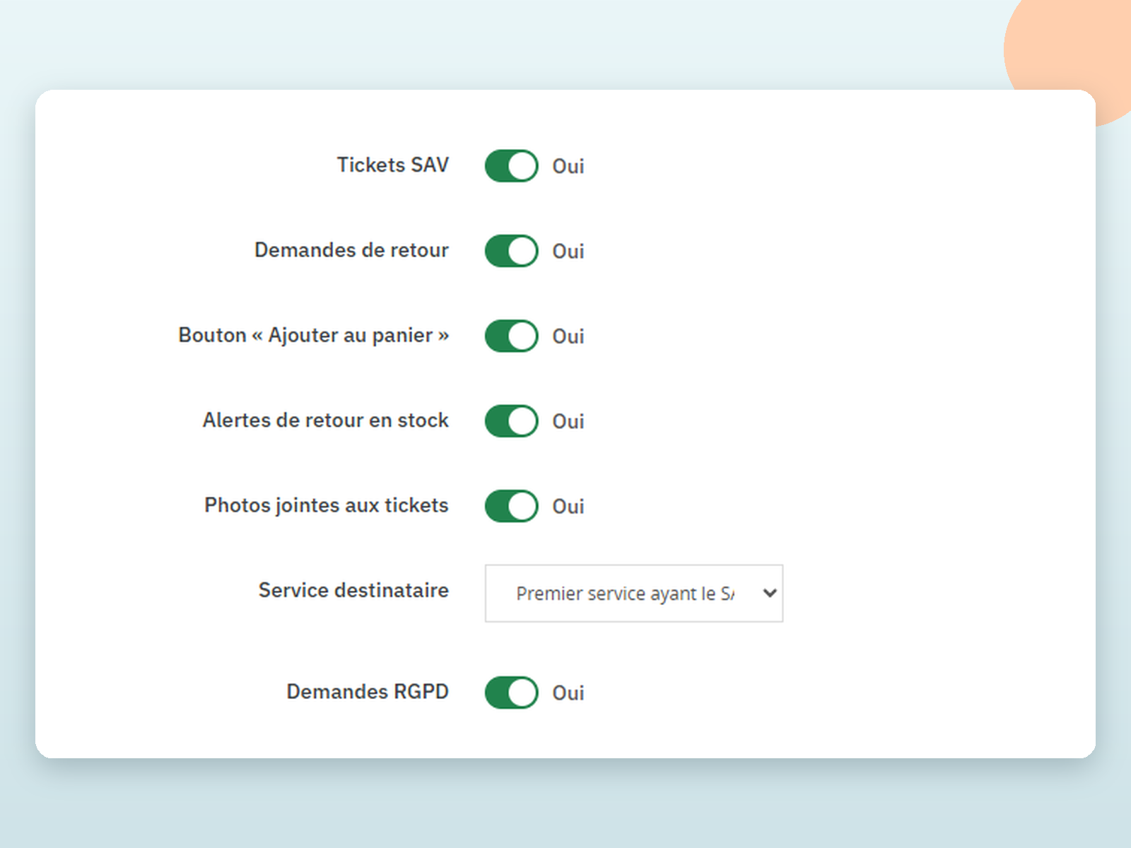 Réglages du module dans PrestaShop : tickets SAV, retours, ajout au panier, alertes de stock, photos et RGPD activables.