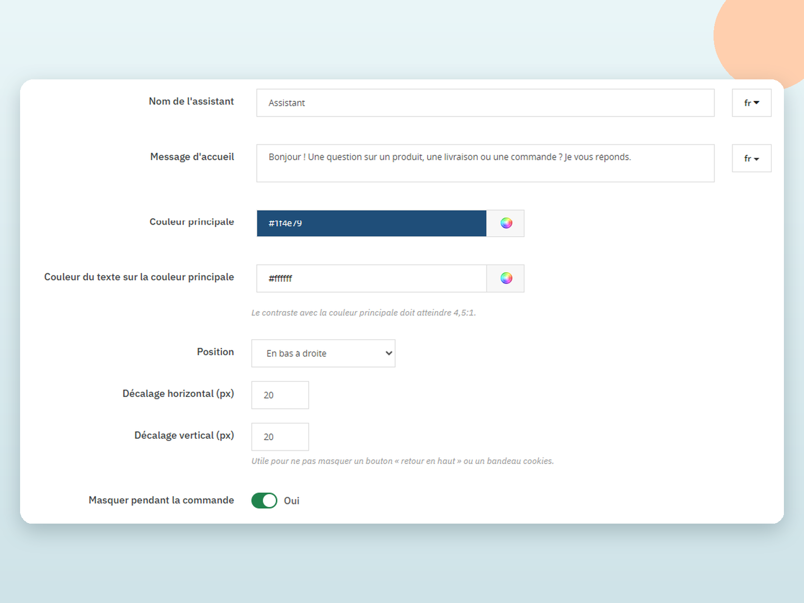 Réglages Apparence du module : nom, message d'accueil par langue, couleurs, position et décalages du bouton.