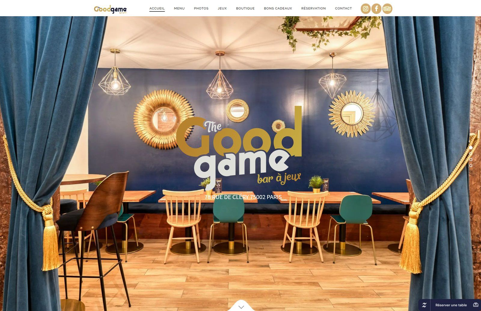 Page d'accueil du site du bar à jeux The Good Game à Paris