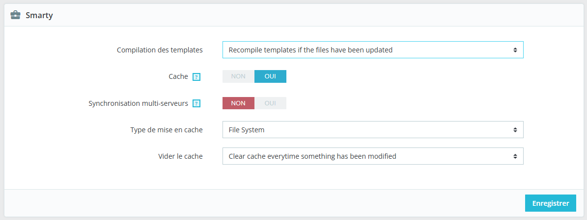 Ecran de gestion du cache sur PrestaShop