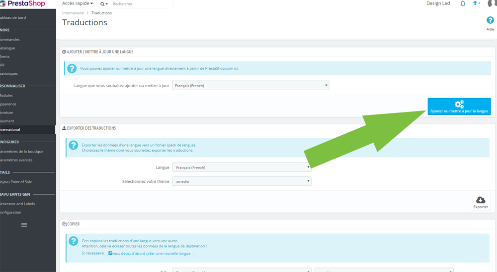 mettre admin prestashop en français